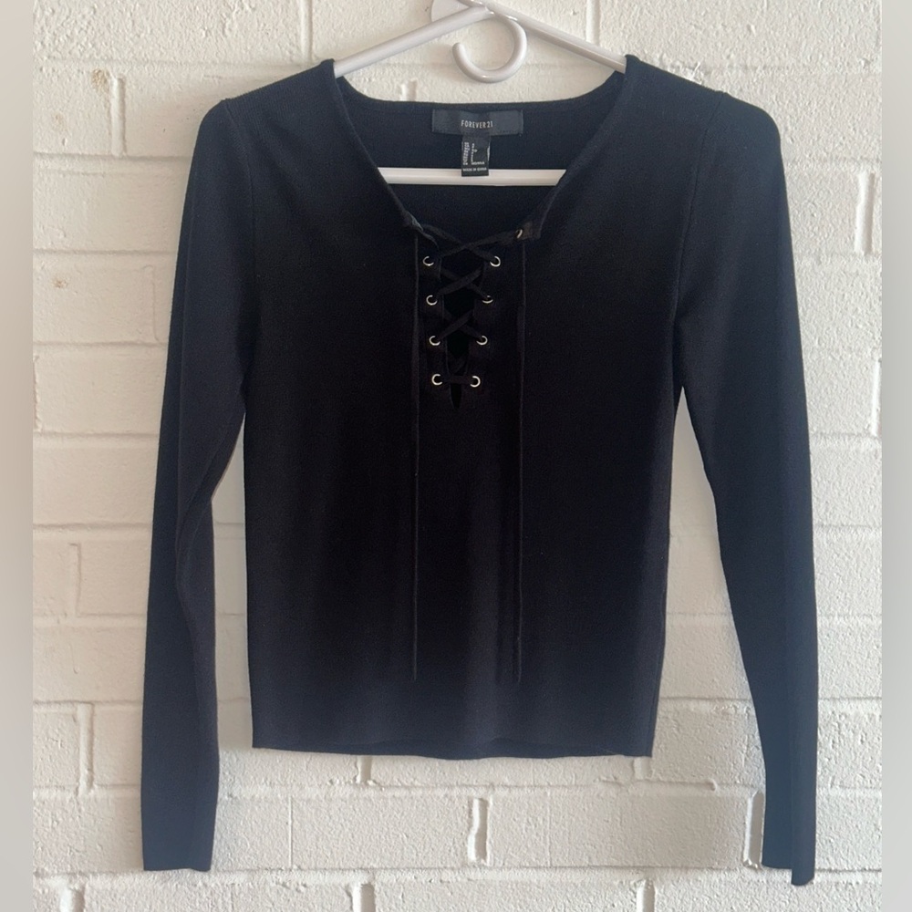 Forever 21 Black Tie Front Fitted Blouse